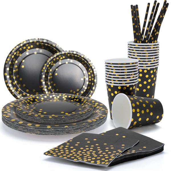 MEYDLL Party Plates Cups and Napkins, 100 Pieces Black and Gold Party Supplies, Golden Dot Paper Plates and Napkins, Party Straw, Golden Dot Party Dinnerware for Birthday Party, Weddings, Anniversary