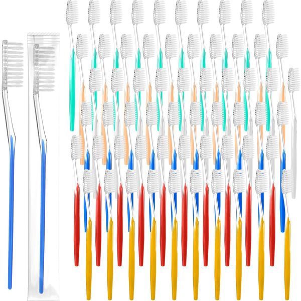 600 Pcs Individually Wrapped Toothbrush Set Medium Soft Bristle Toothbrushes Bulk Packed Disposable Tooth Brush Travel Manual Toothbrush for Hotels Travel Adults Kids Guest, 6 Colors