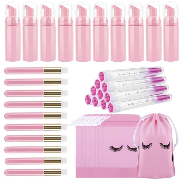 homicozy 40 Pcs Lash Shampoo Bottle Brushes Set, 10 Pcs Lash Shampoo Brushes, 10 Pcs Lash Brushes Tubes, 10 Pcs Eyelash Shampoo Dispensers, 10 Pcs Lash Aftercare Bag for Clients, Women,Girls (Pink)