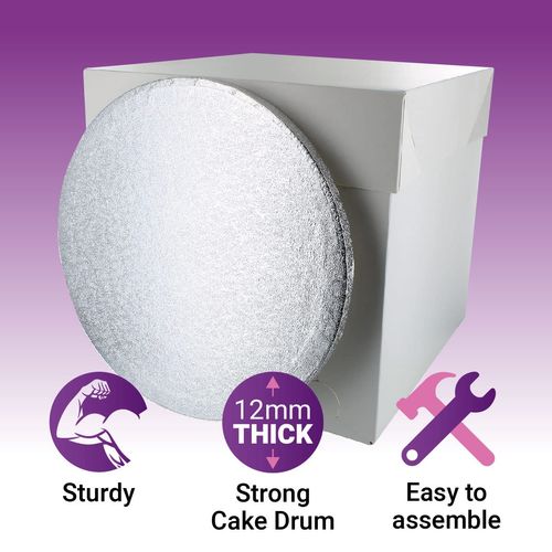 Culpitt 10" Round Silver Cake Drum Board & Tall White Cake Box Combo, 10 x 10 x 10 Inch Square Box and Matching Cake Circle Set For Tiered or Decorated Cake Transport