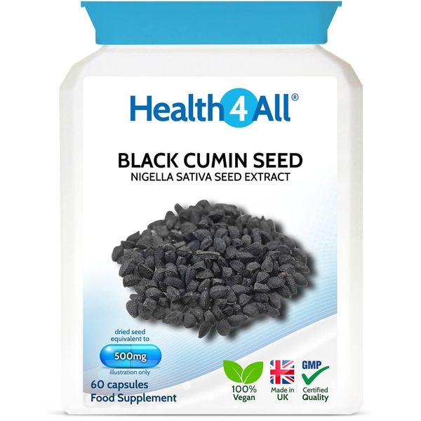 Black Cumin Seed 500mg 60 Capsules (V) (not Tablets) Nigella Sativa Vegan Immune Support Supplement. Made in The UK by Health4All.