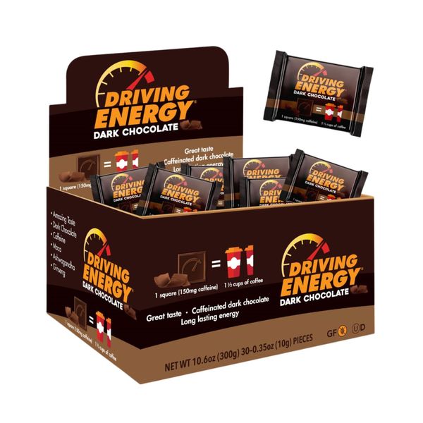 ZenEvo - Driving Energy Dark Chocolate with Caffeine Caffeinated Boost Perfect for Helping Stay Awake While and Working, No Crash 30 Count (One Month Supply)