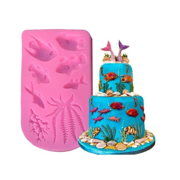 Marine Theme Fondant Cake Mold, Xfaiz Fish Sea Coral Cupcake Chocolate Mould for Under The Sea Cake Decoration Candy Chocolate Polymer Clay Sugar Craft Cupcake Topper