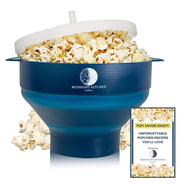 Midnight Kitchen Supply Silicone Popcorn Popper | microwave popcorn | dishwasher safe popcorn popper | air popper | popcorn bowl | 2-4 minute homemade popcorn | microwave popcorn popper + free recipes