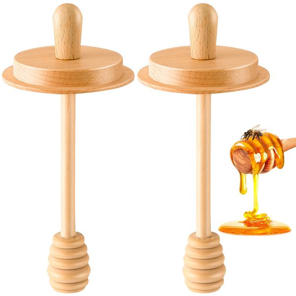 Dunkive 2 Pack Wooden Honey Spoon Lid, Honey Dispenser Wooden Stick with Canning Lid for Regular Mouth 16 oz Mason Jars, Honey Pot Containers (Only Honey Dippers Lid)