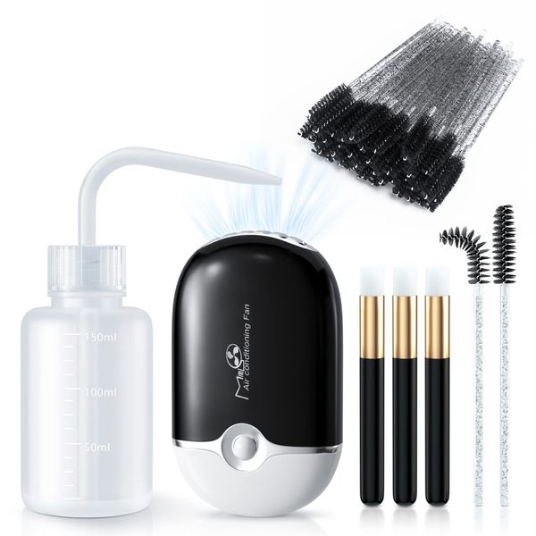 mlogiroa Lash Eyelash Fan Kit for Lash Extension Mini Portable Fans with 50 Lash Shampoo Brush 3 Nose Blackhead Facial Cleaning Brush 1 Plastic Wash Bottle(Black)