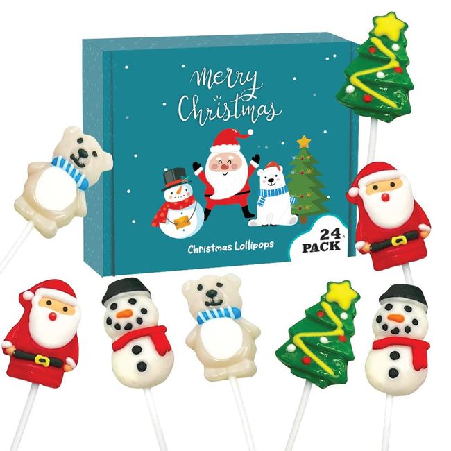 Christmas Lollipops - Holiday Suckers - 24 Individually Wrapped Bulk - Christmas Candy Variety Pack - Santa, Christmas Tree, Snowman, Polar Bear - Stocking Stuffers - Candy Bags - Xmas Party Favors -