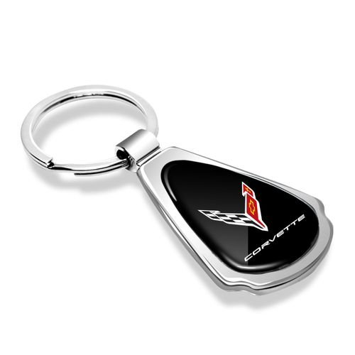 iPick Image for Chevrolet Corvette C8 Black Dome Chrome Metal Teardrop Key Chain