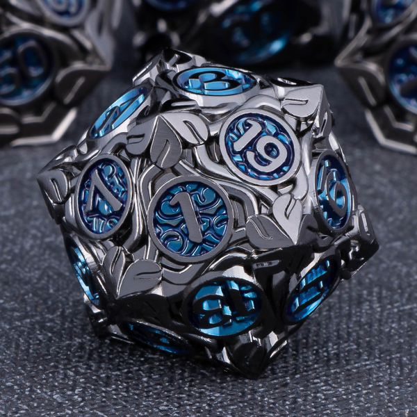 KERWELLSI Metal DND Dice Set D&D, 7Pcs Nature Vines Leaf Dungeons and Dragons Role Playing Dice with Gift Box, Black Blue Polyhedral Handmade RPG D and D Game Dice D20 D12 D10 D8 D6 D4