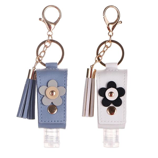 Pcmursal 2pcs Multifunction Portable Empty Travel Bottle with Keychain Holder,Leather Tassel,Hand Sanitizer Bottle, Hand sanitizer purse with flowers (Blue 、White)