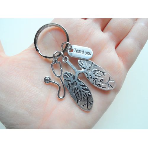 Respiratory Medical Health Professional Appreciation Keychain with Lung Charm, Stethoscope, and Thank You Charm.