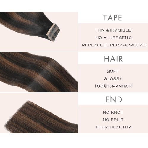 YDDM Tape-In Real Hair Extensions, 40 Pieces, 60 cm, 100 g, Natural Black with Chestnut Brown, Invisible Tape Extensions, Real Hair Extensions (24 Inches, 1B/1B/6)