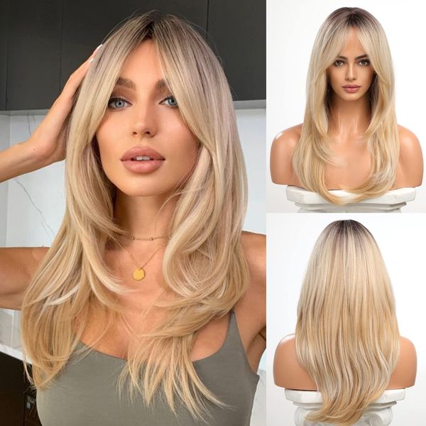 HAIRCUBE Curtain Bangs Nature Layered Wigs for Women Advanced Hierarchical Hairstyle Heat Resistant Synthetic Fiber(Dark Root Ombre Light blonde)