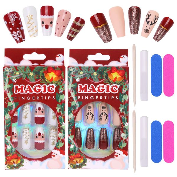 MELLIEX Christmas Fake Nails Artificial Full Cover Press on Nails, 48 Pieces Xmas Coffin False Nail Tips Santa Claus Snowflake Elk Nail Art Decorations with Nail Glue and Nail Files