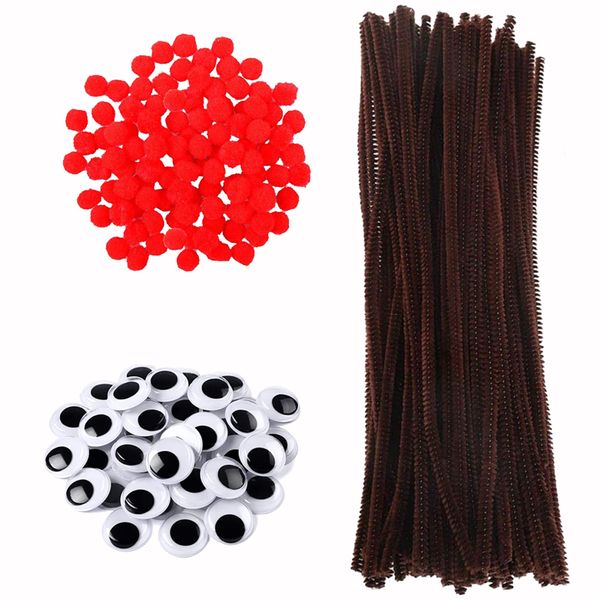 600 Pieces Christmas Pipe Cleaners Sets Include 100 Pieces Brown Chenille Stems 200 Pieces Red Pom Poms and 300 Pieces Wiggle Eyes for Crafts DIY Making