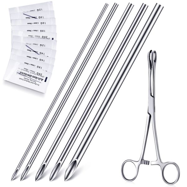 100 Pieces Body Piercing Hollow Needles with Stainless Steel Forceps Mixed Sizes 12G 14G 16G 18G 20G Ear Piercing Needles for Belly Ear Tongue Piercing Tools