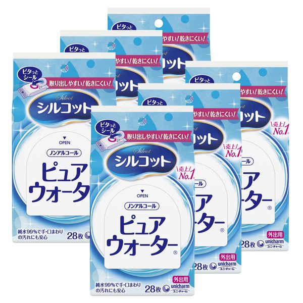 Silcot Pure Water Wet Wipes, For Going Out, 28 Sheets x 6