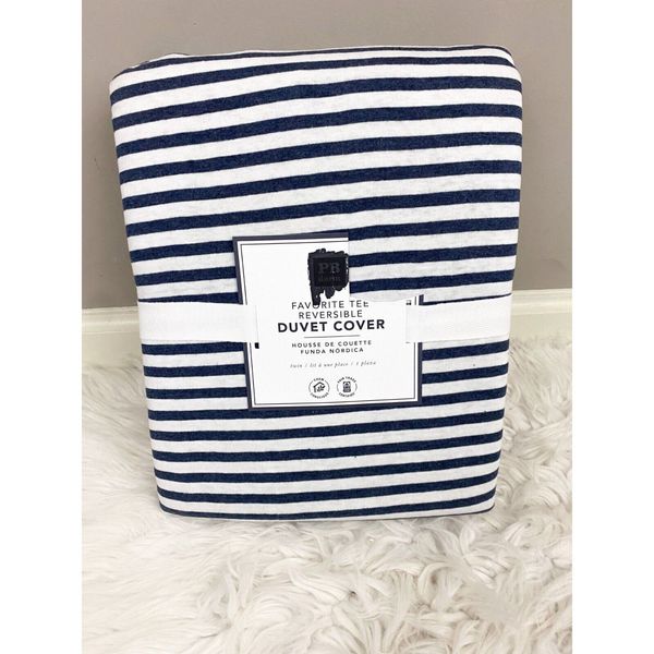 Pottery Barn Dorm Favorite Tee Reversible Duvet Cover Navy Blue White Twin NEW