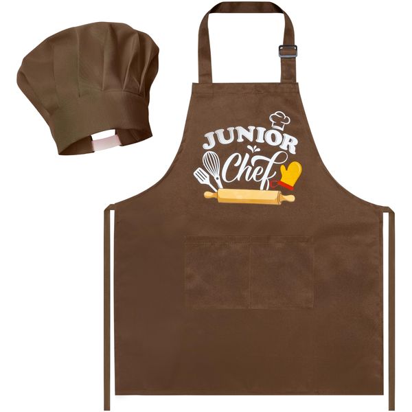 R HORSE Kid Apron and Chef Hat Set 2Pcs Adjustable Children Brown Chef Kitchen Apron, Dress up Role Play Chef Toy Cooking Baking Painting and Training Kits Kid Funny Cooking Birthday Gift for Kids