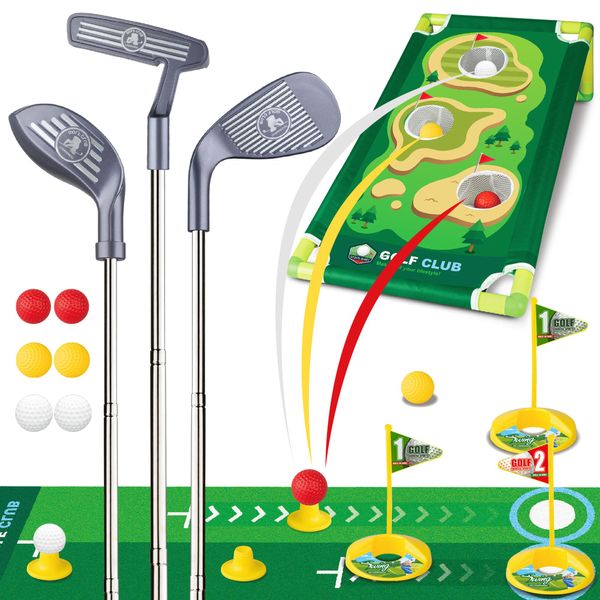 Popsunny Kids Golf Club Set for 3 4 5 Years Old, Retractable Toddler Golf Set with Practice Mat & Cornhole Board, Outdoor Indoor Sports Golf Toy for Boys Girls Gift