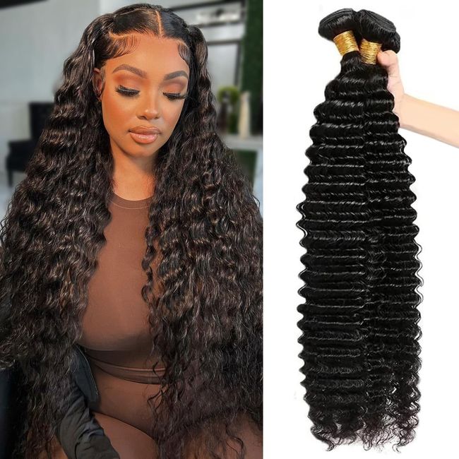 Deep Wave Bundles Human Hair 3 Bundles 16 18 20 Inch 10A Brazilian 100% Unprocessed Virgin Human Hair Wet and Wavy Bundles Deep Curly Weave Human Hair Extensions Natural Black (16 18 20 Inch)