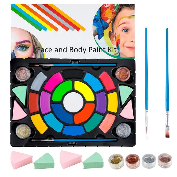 FLYISH DIRECT Face Paint Kit for Kids, Face Paint Set, Face Painting Kit, 19 Colors 4 Glitters 2 Brushes, 4 Sponges Professional Body Paint,Halloween Makeup Kit