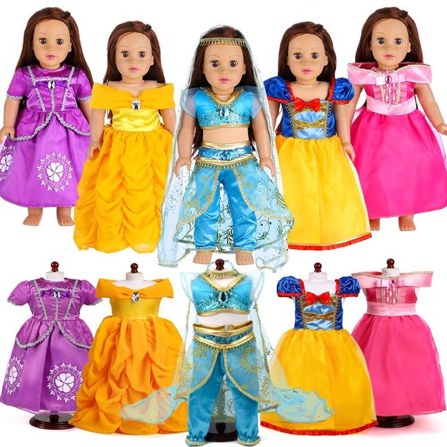 18-Inch Girl Doll Clothes Princess Dress - 5 Pc Different Princess Dress Set Includes Jasmine, Snow White, Belle, Rapunzel and Aurora Fits 18” Dolls (Set5-01)