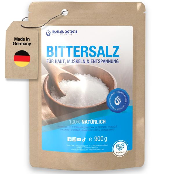 Maxxi Clean | 1x 900 g hochreines Bittersalz | Badesalz für Wellness & Körperpeeling | Epsom Salt Made in Germany | pure Entspannung für Muskeln, Haut und Seele | Magnesium geeignet zur Gartenpflege