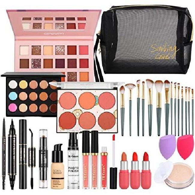 Moist Mall Pencil Shine All-in-One Makeup Kit Gift Set for Women Full Female Beginner Essentials Starter Bundle includes Eyeshadow Palette Lipstick Eyebrow Pencil Brush Set (Type C).