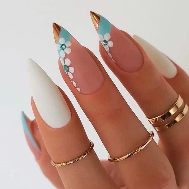 24 PCS Almond False Nails Flower Fake Nails Rhinestone False Nails Pink-White with Blue Fake Nails Full Cover Stick on Nails Art for Women and Girls Daily Decoration