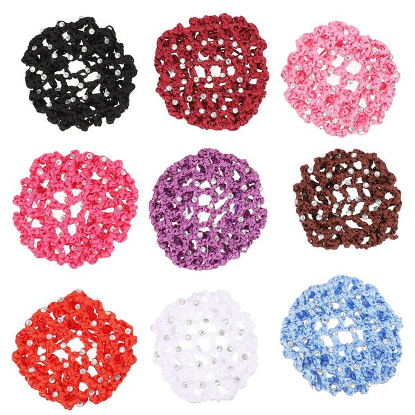 Lurrose 9Pcs Bun Cover Rhinestone Snood Hair Net Skating Bun Cover Elastic Hair Net Hair Bun Holder Net Hair Accessories for Bank Clerk Nurse Dancer Mixed Color