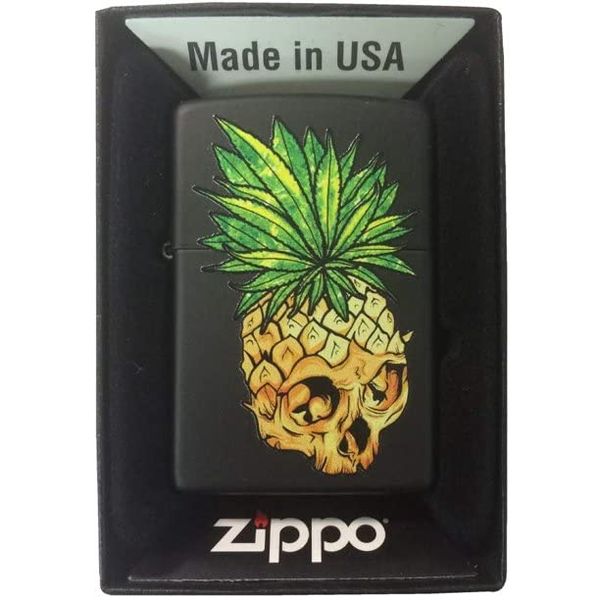 Zippo Custom Lighter - Pineapple Skull Leaf Fire Eyes Punk Fruit Design - Black Matte