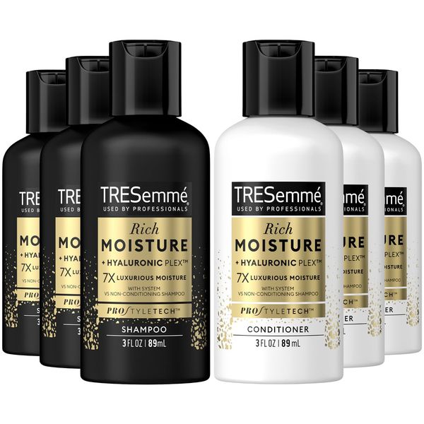 TRESemmé Shampoo & Conditioner, Sulfate-Free, Travel Size - Moisture Rich Hair Treatment for Dry, Damaged Hair, Mini Shampoo & Conditioner Sets x 3 for Hair Repair, Scented, 3 Oz Ea (6 Piece Set)