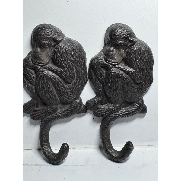 VTG Lot of 2 Matching Monkey Coat Hooks Cast Iron Key Holder