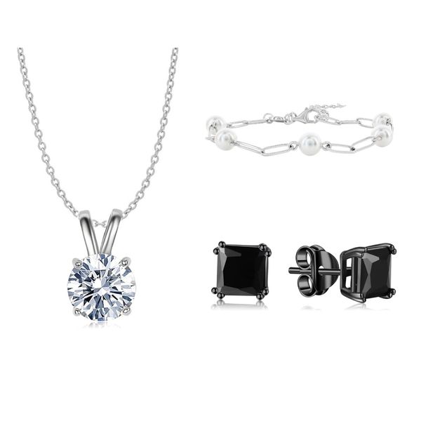 Jewelry Bundle: Black On Black Square Studs, Paperclip Pearl Bracelet, Crystal Round Cut Necklace