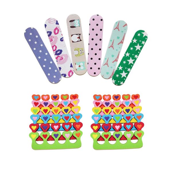 ZMOI 6 Pieces Colorful Girly Mini Emery Nail Files + 6 Pairs Heart Design Toe Separators Manicure/Pedicure Kit Kid Spa Party (Pack of 1)