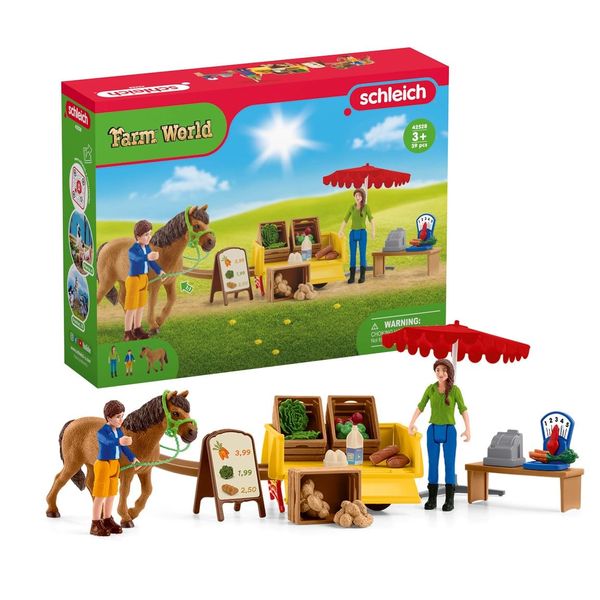 Schleich Farm World — Sunny Day Mobile Farm Stand Playset, Farm Play Set with Farmer Dolls, Horse and Mobile Produce Stand, Farm Animal Toys for Kids Ages 3+