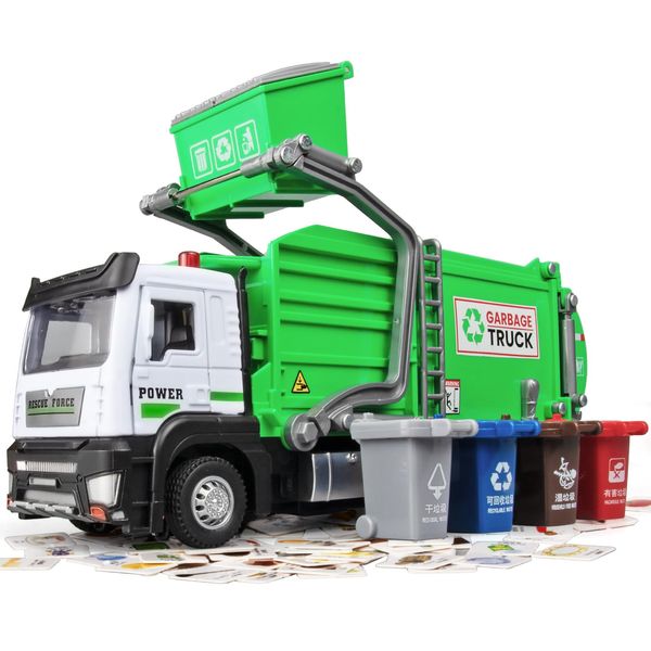 OANMYJJO Garbage Truck Toys for Kids,Garbage Truck Metal Diecast Cab,Pull Back Garbage Truck Toy with Lights and Sounds,Recycling Truck Toy with Trash Cans and Bins,Garbage Trucks for Boys Age 4-7