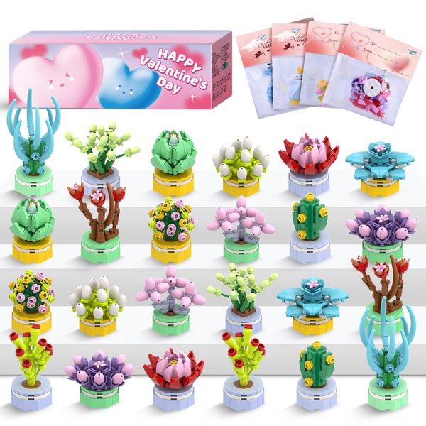 Uiseba Valentines Day Gifts for Kids Classroom/School,24PCS Building Blocks Succulent Plants Kits and Valentines Cards,Toys for 3+ Years Old Girls & Boys