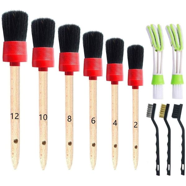 Nurkul 11 Pieces Auto Detailing Brush Set for Cleaning Interior, Exterior, Leather, Including 6 pcs Car Detailing Brushes, 3 pcs Wire Brush and 2 pcs Automotive Air Conditioner Brush