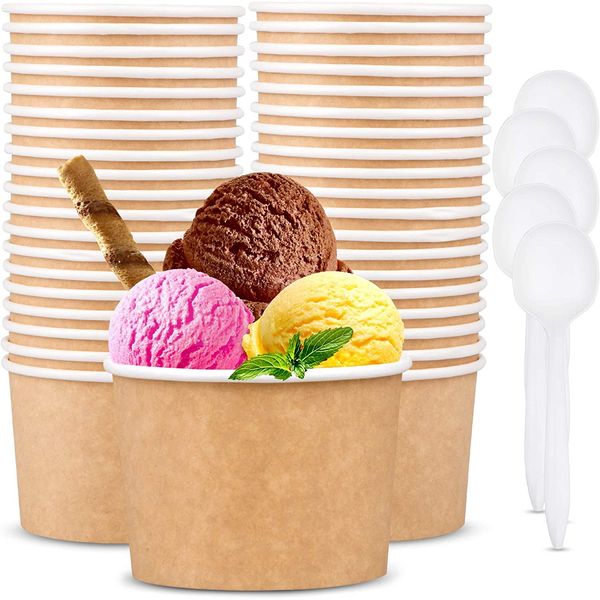 LATERN 50Pcs Paper Ice Cream Bowls with 50Pcs Spoons, 12oz /360ml Disposable Paper Serving Bowls for Hot and Cold Food Soup Sundae Frozen Yogurt Dessert (Brown)