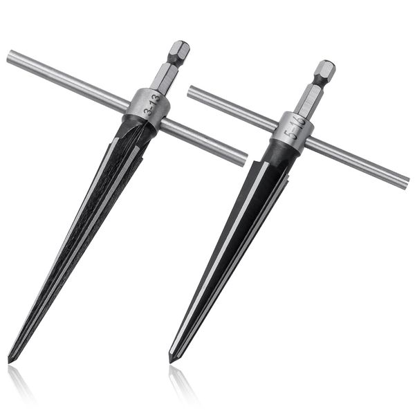 Mesee 2 Pieces T-Handle Taper Reamer Set, T Handle Detachable Tapered Reamers with 1/4 Inch Hex Shank 5 Fluted Chamfer Bridge Pin Hole 3-13mm & 5-16mm Handheld Reaming Guitar Woodworker Luthier Tool