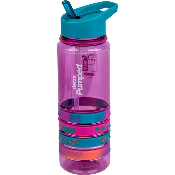 Décor Quad Bands Kids Water Bottle, BPA-Free, Reusable, Flip-Top Pink Water Bottle, Eco-Friendly, Dishwasher Safe, Leakproof, Lockable Drinking Straw With Printed Wristbands To Give Friends, 750ml