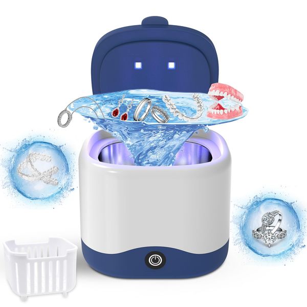 Ultrasonic Cleaner for Dentures, Jewelry, Retainer, Mouth Guard, Aligner, Toothbrush Head, 45kHz Cleaner Machine with U-V Light, 230ML Portable Retainer Dental Cleaning Machine at-Home or Travel Use