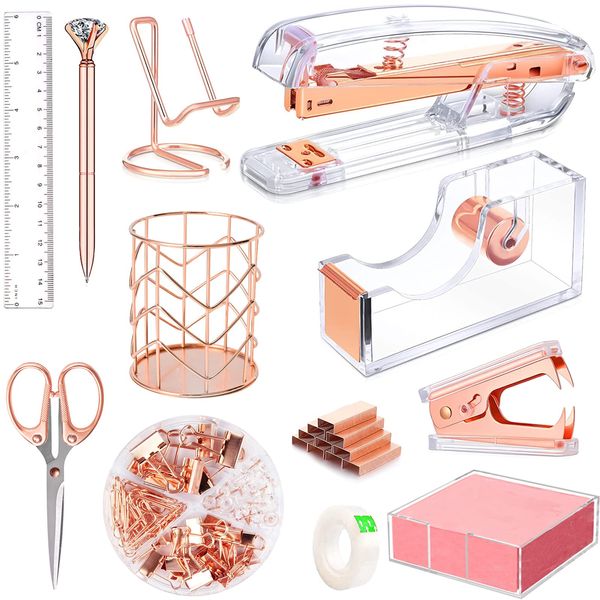 Rose Gold Office Supplies and Accessories, Acrylic Stapler, Staple Remover, Tape Holder, Ballpoint Pen, Scissor, Binder Clips, Staples, Phone Holder, Ruler, Transparent Glue and 300 Notes