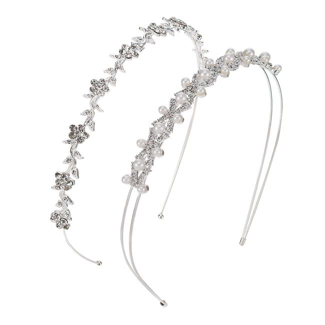 Pangda 2 Pieces Rhinestone Bridal Crystal Women's Headband Wedding Flower Girl Pearl Diamond Slim Thin Silver Flower Leaves Crown Hair Band Accessories Headpiece Tiara for Bride Bridesmaids