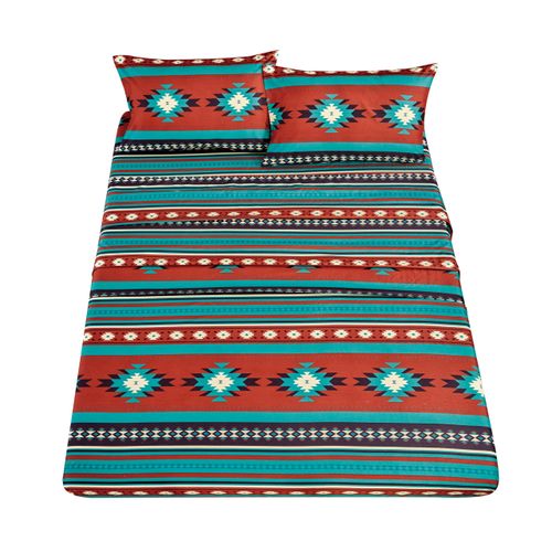 Chezmoi Collection Prescott 3-Piece Southwestern Geometric Tribal Multicolor Red Teal Beige Sheet Set, Twin Size