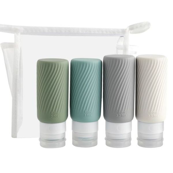 MOKO Travel Bottles Set of 4 89ML*2 &amp; 100ML*2 Travel Goods Refillable Bottles Leak-Proof Small Bottles Cosmetic Bottles Shampoo Bottles Refills for Business Trips Travel Portable Storage Pouch Included GREEN+BLUE+GRAY+WHITE