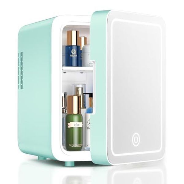 Skincare Fridge With Dimmable LED Light Mirror, 4L Mini Fridge For Green