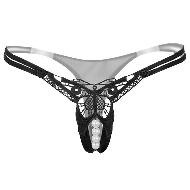 White Fang TT129 Women's Thong Underwear, String Pan, Pearl, Butterfly, Sexy Lingerie, 01: Black